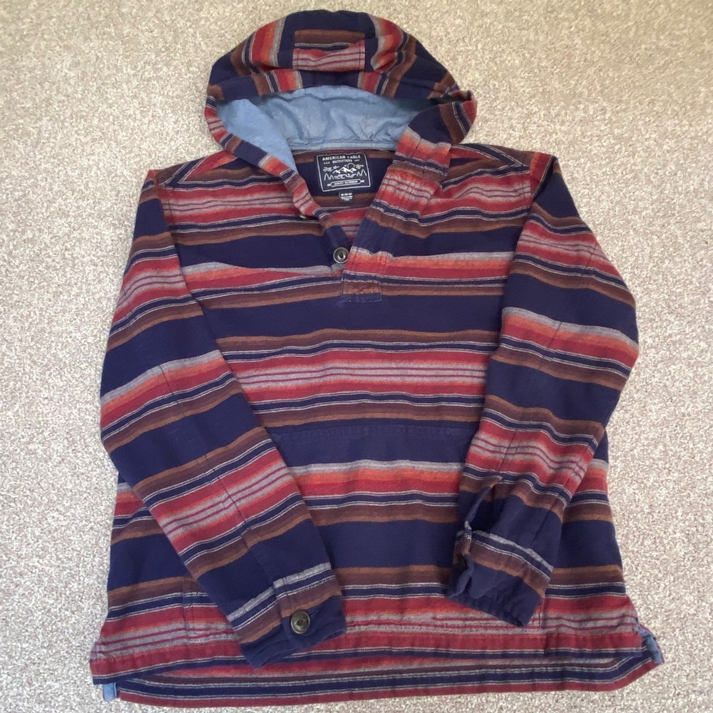 American Eagle Baja Hoodie Mens M Multi Color Striped Flannel Pullover Denim‎
